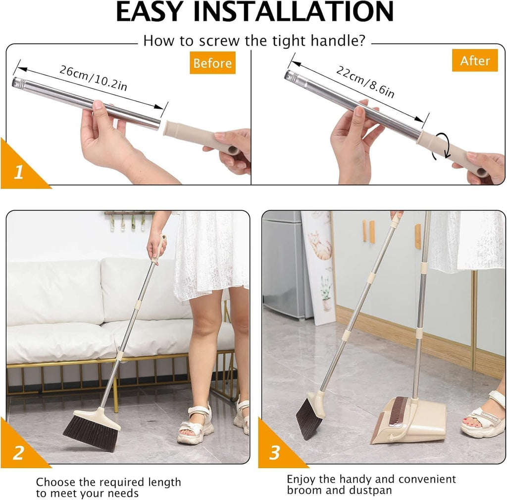 Broom and Dustpan Set with Long Handle, Light Weight Stainless Steel Poles Stand Upright Dustpans with Broom Combo