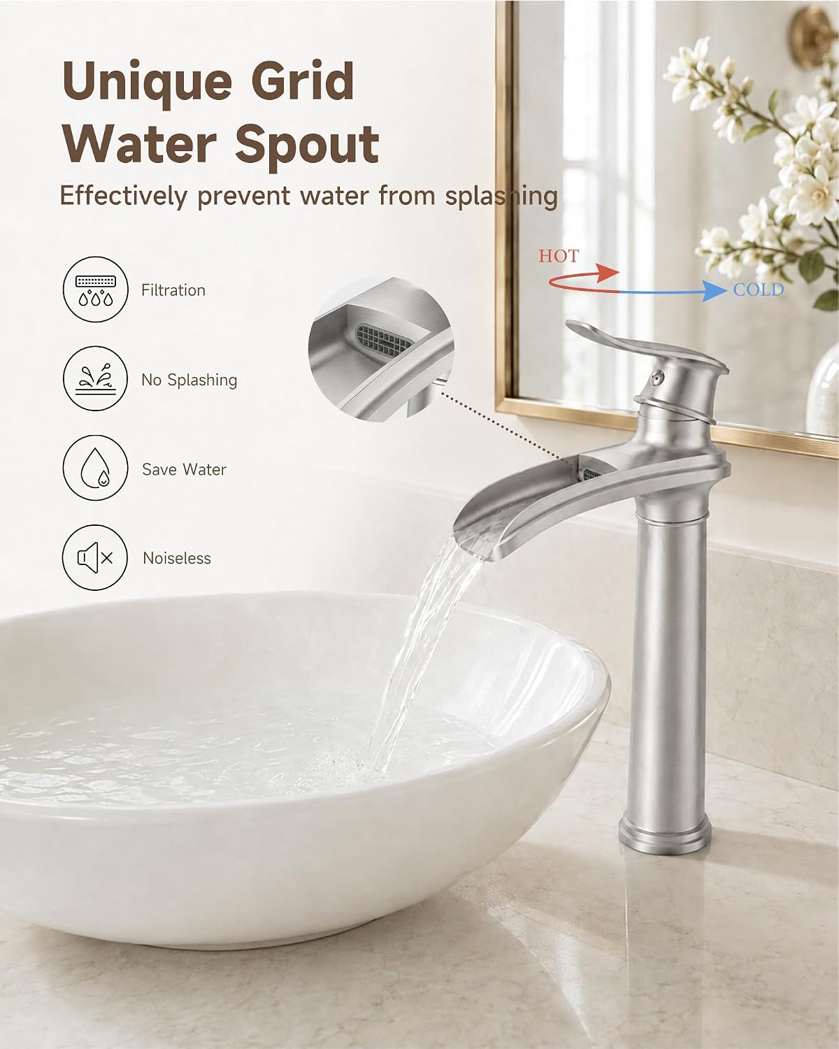 Vessel Sink Faucet Brushed Nickel Tall Waterfall Bathroom Faucet
