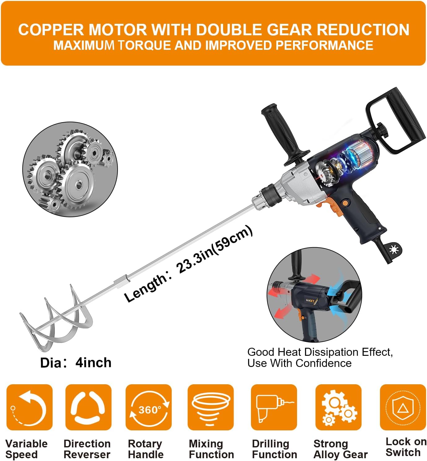 Drill Mixer Set with Spade Handle 1/2 inch Electric Corded Mixing Drill Machine 9A Motor Concrete Mud Mixer