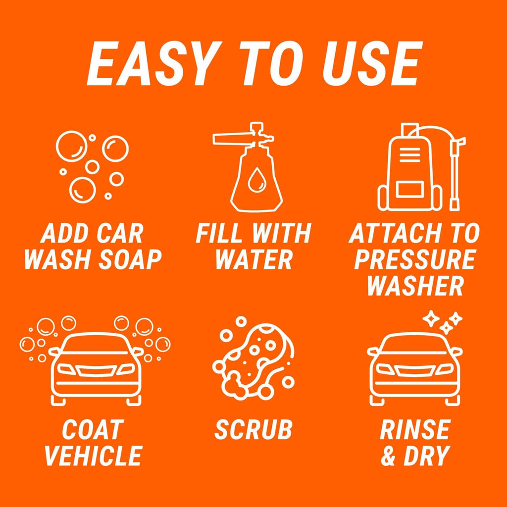 2-in-1 Foam Cannon Kit for Garden Hoses and Power Washers | 3-piece car washing kit with 40-ounce reservoir, marked