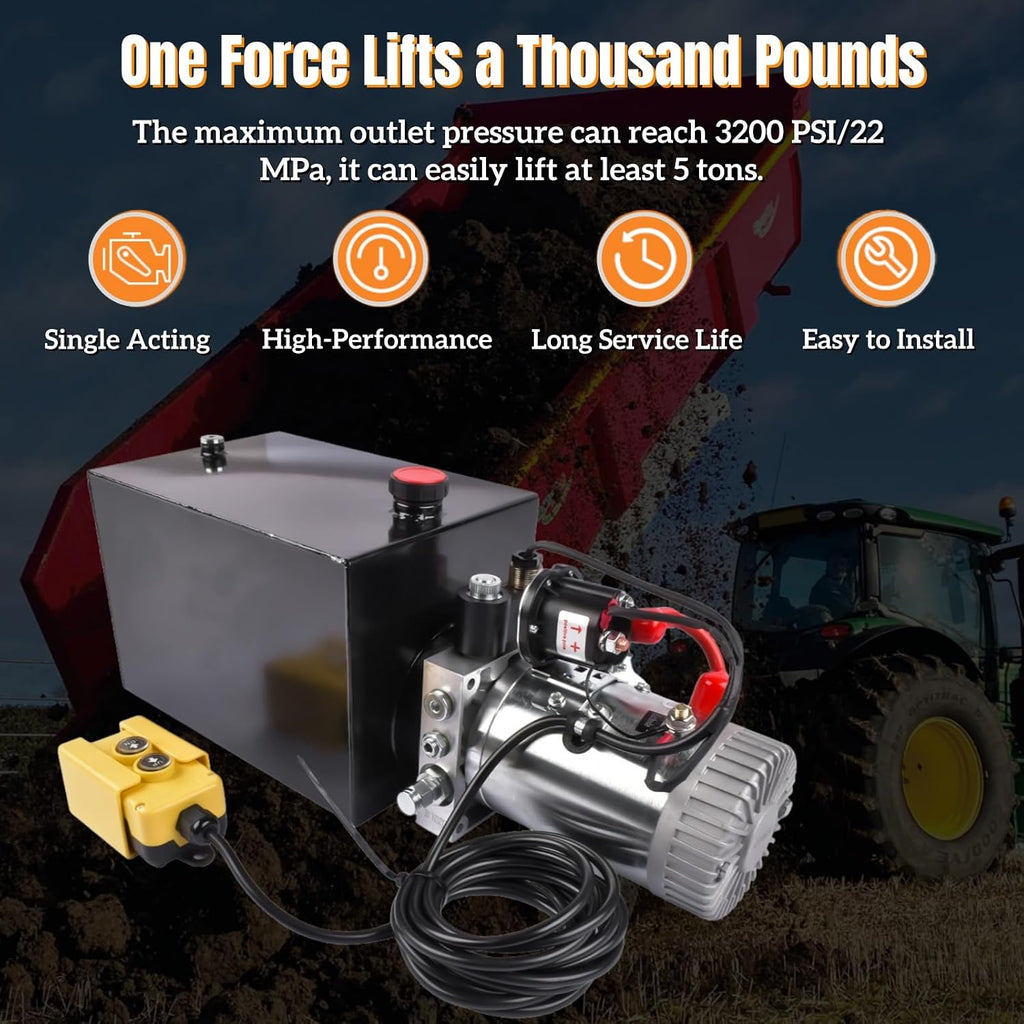 12 Quart Single Acting Hydraulic Power Unit 12V, 3200PSI