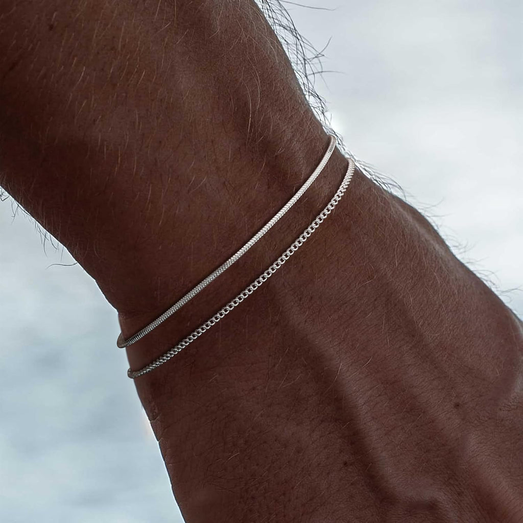 Silver Bracelets for Men, Stackable Fashion Cuban Snake Chain Set | Stainless Steel Jewelry, Tarnish Resistant