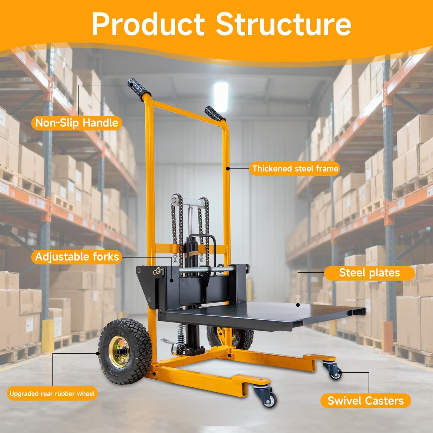 Foldable Hydraulic Material Lift Winch Stacker, 450 Lbs 35.8" Max Lift w/ 9" Wheels 360° Swivel Casters, Pallet Truck