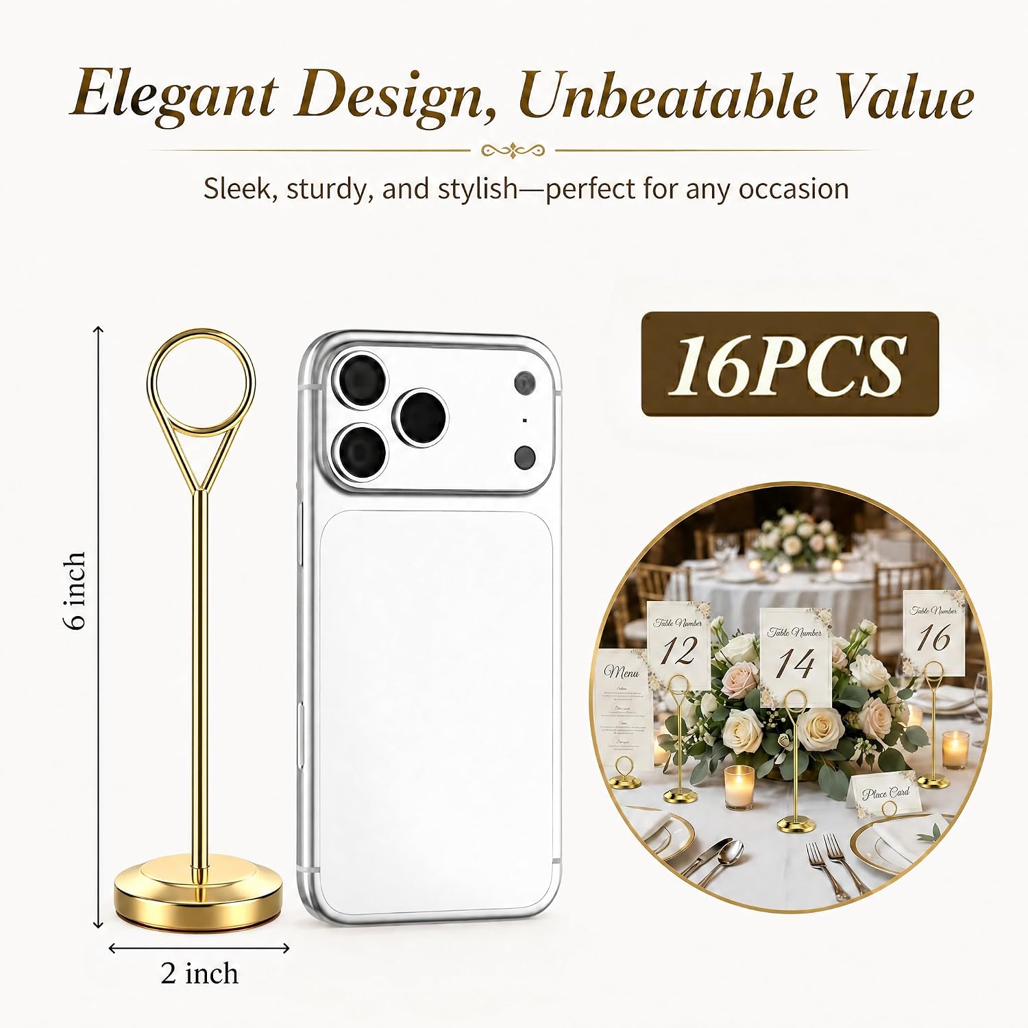 16 Pcs Gold Table Number Holders, 6-Inch Stable Place Card Holders with Non-Slip Base, Metal Photo Stands for Wedding