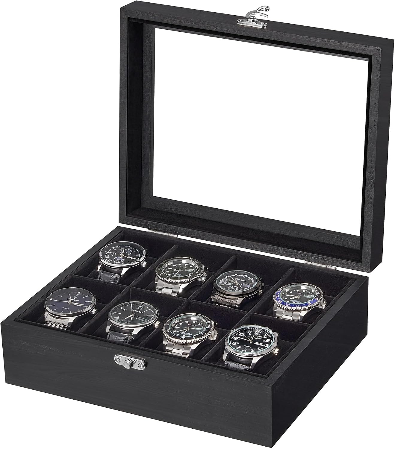 8 Slot Wooden Watch Display Case With Glass Lid, Organizer | Elegant Wooden Watch Box With Glass Lid And Soft Lining