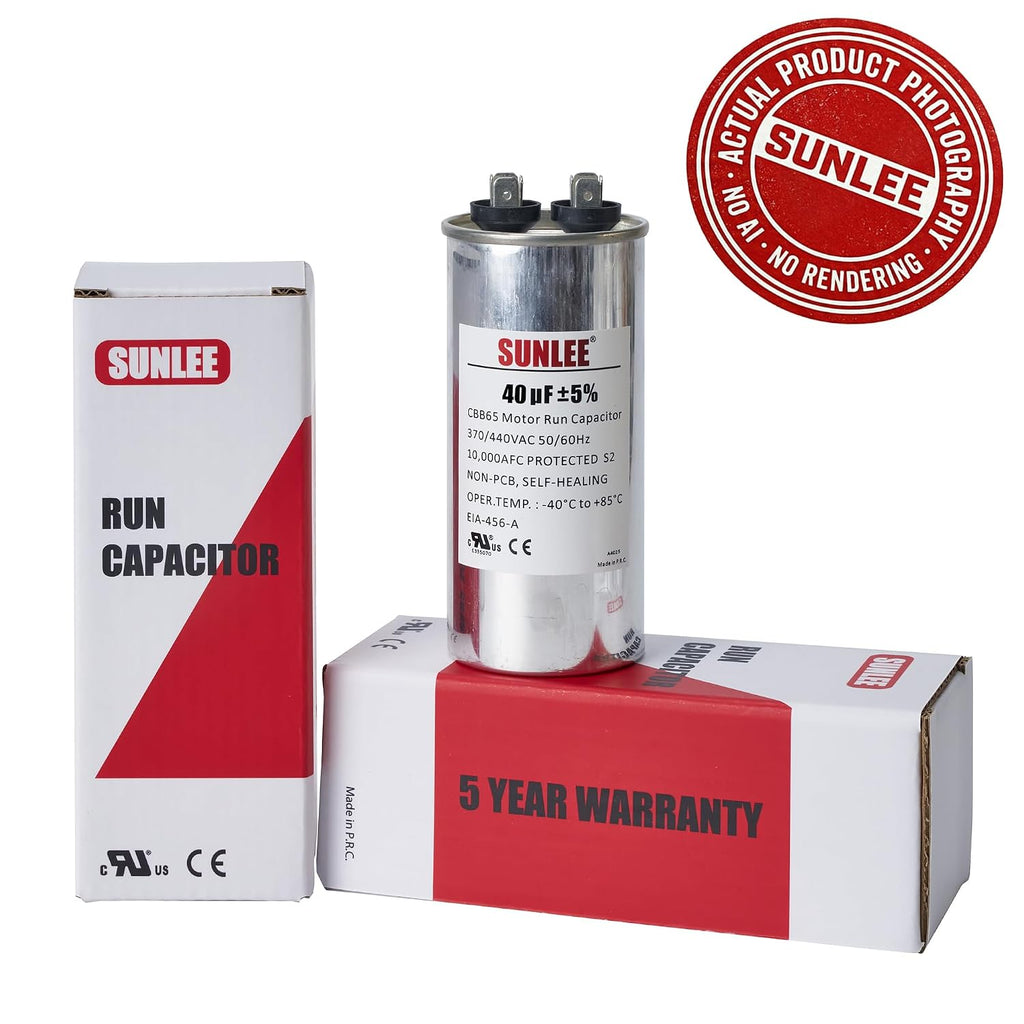 SUNLEE UL Recognized Single Run 40 uF (40 MFD) 370/440 VAC CBB65 Capacitor, 50/60 Hz, Reliable Replacement for AC Condenser Fan Motor, Heat Pump or Pool Pump