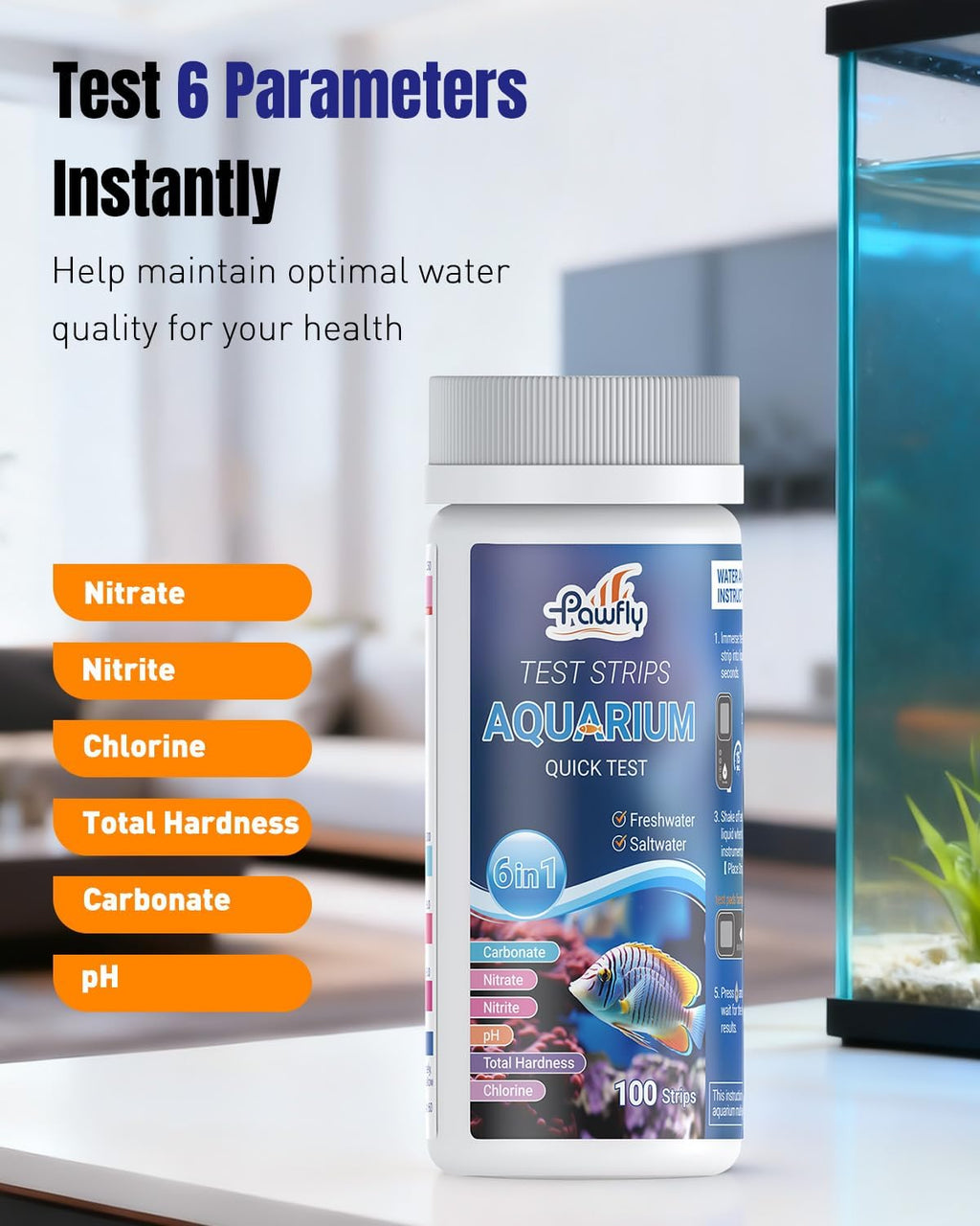 100 Pcs Aquarium Test Strips 6 in 1 Digital Water Testing Kit, Fish Tank Testing Strips for pH Nitrate Nitrite