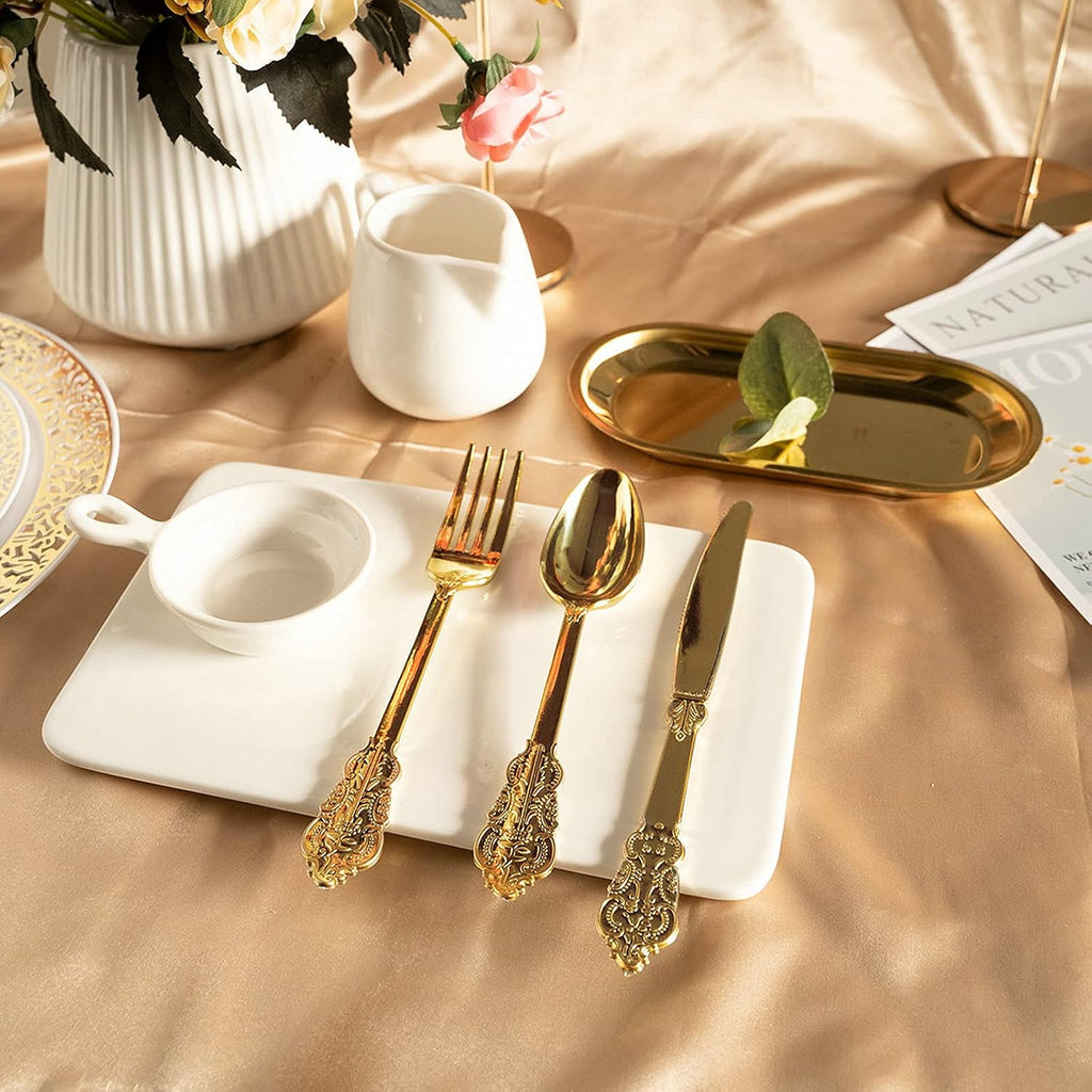 300PCS Gold Plastic Silverware, Vintage Disposable Utensils & Cutlery