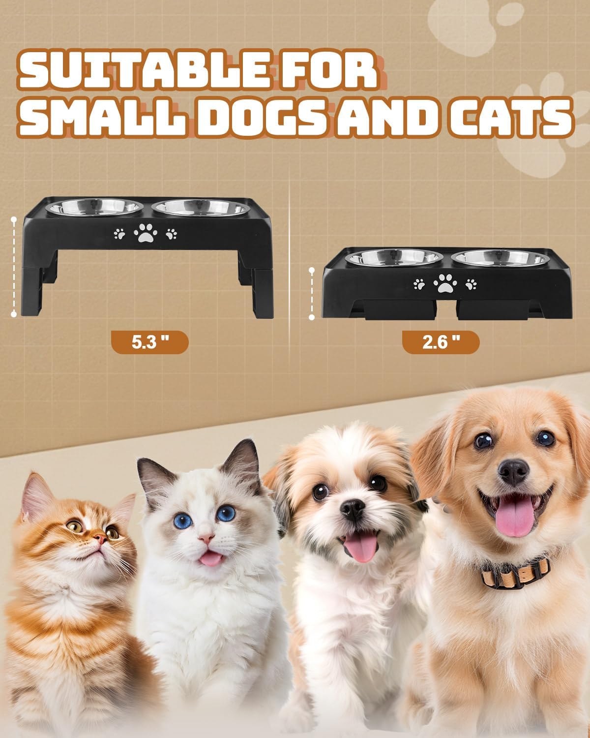 Elevated Dog Bowls for Small Dogs and Cats, Non-Slip Cat Bowls with 2 Thick 5.5" Stainless Steel Dishes, Dog Feeder 2