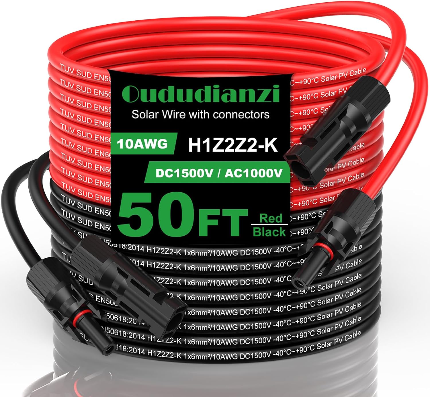 Solar Extension Cable 50Ft, 10AWG Solar Wires, 10 Gauge Tinned Copper PV Wire, Solar Panel Cables and Connectors for