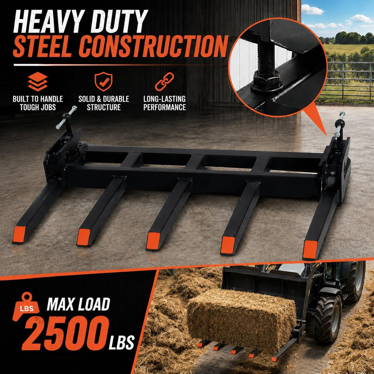 Clamp-On Debris Forks, 48 Inch Pallet Forks for Tractor Bucket 5 Tine Heavy Duty Bucket Fork Attachment,2500 LBS