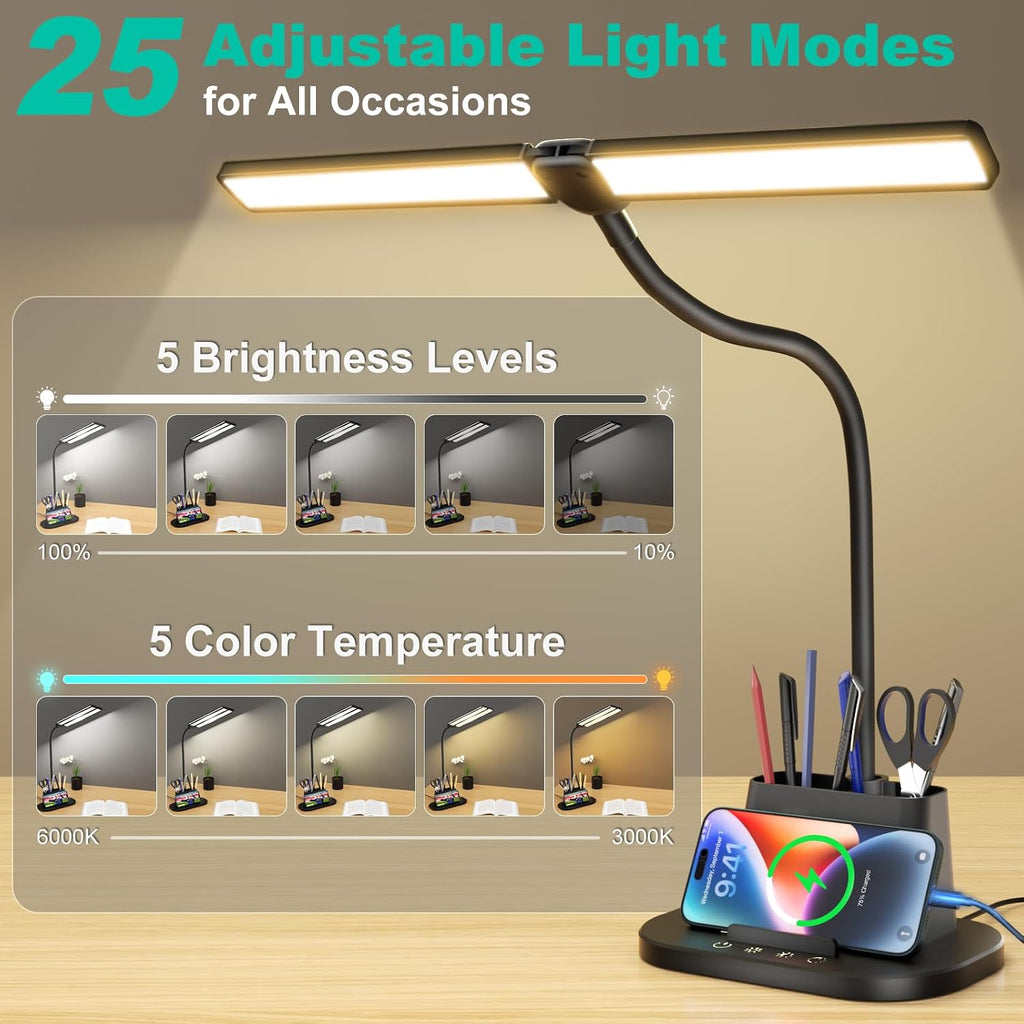 Desk Lamp with USB-C Charging Port and Organizer Base, LED Desk Light with Pen Holder, Phone Stand, 25 Lighting