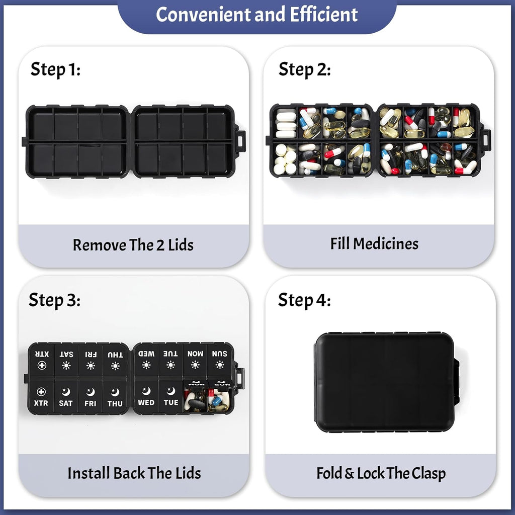 Foldable Weekly Pill Organizer 2 Times a Day with 2 Extra Compartments (Clear Printed Labels) - Portable 7 Day AM PM