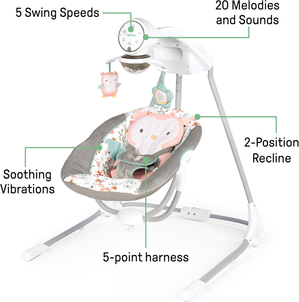 InLighten 5-Speed Baby Swing - Swivel Infant Seat, 5 Point Safety Harness, Nature Sounds, Lights - Nally Owl