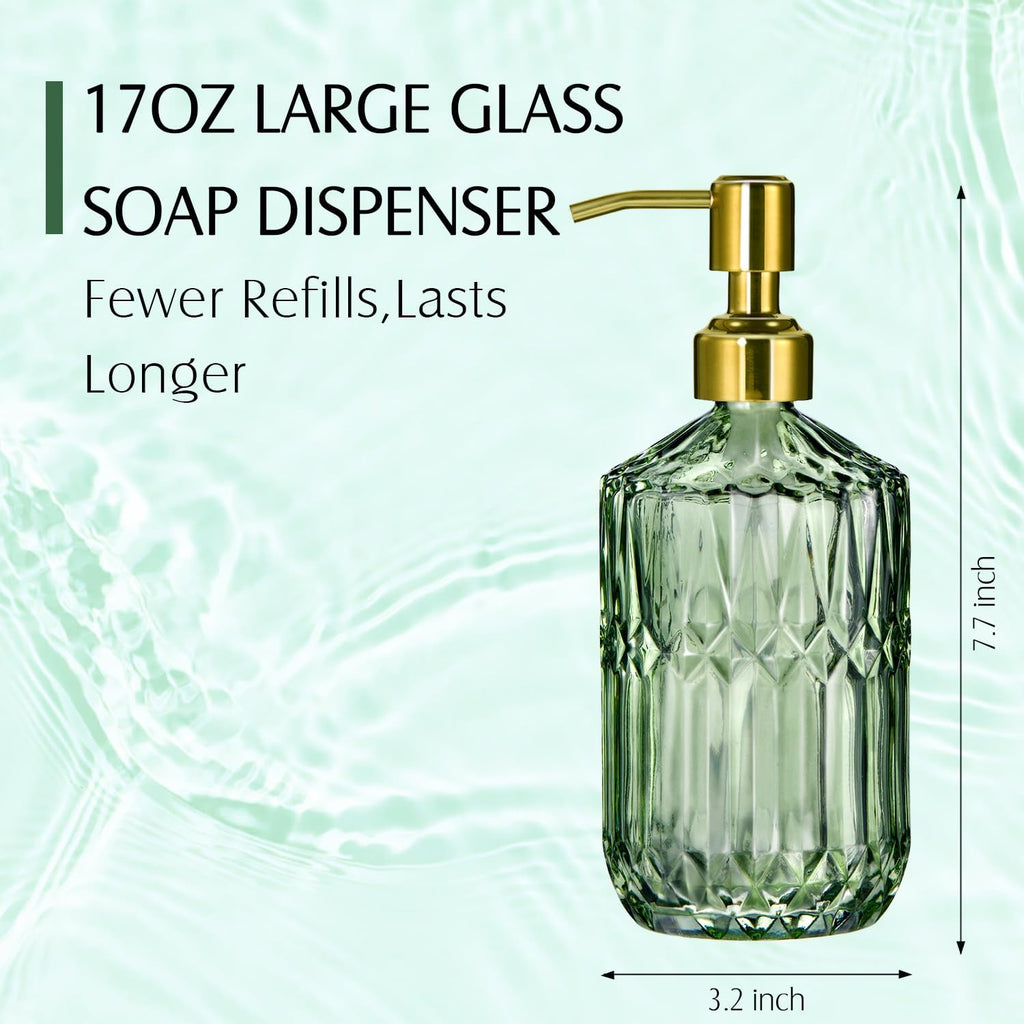17 Oz Green Glass Kitchen Soap Dispenser for Dish Soap, 2 Pack Bathroom Soap Dispenser Set with Gold Rust Proof Pump