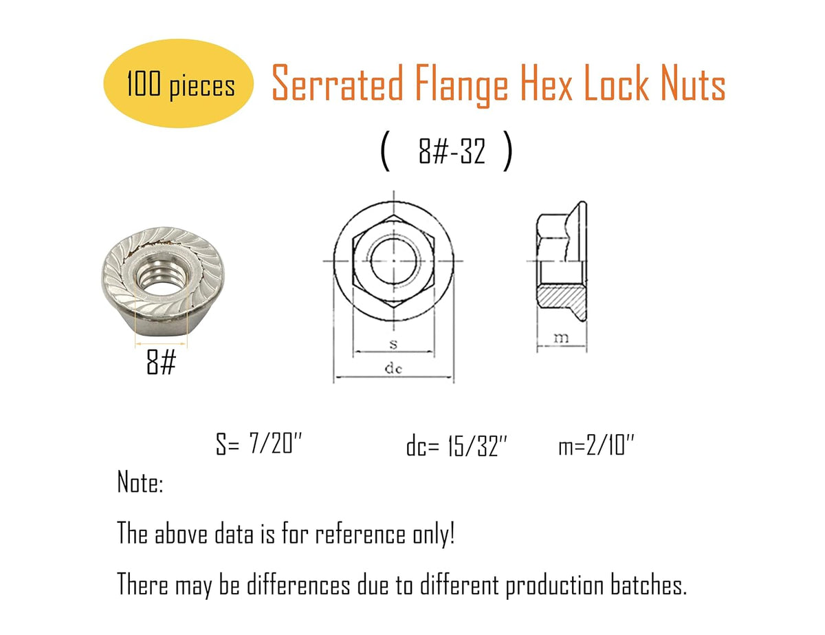 LBY 100pcs Flange Nuts, 8#-32 Serrated Flange Hex Lock Nuts, 304 Stainless Steel (Silver)