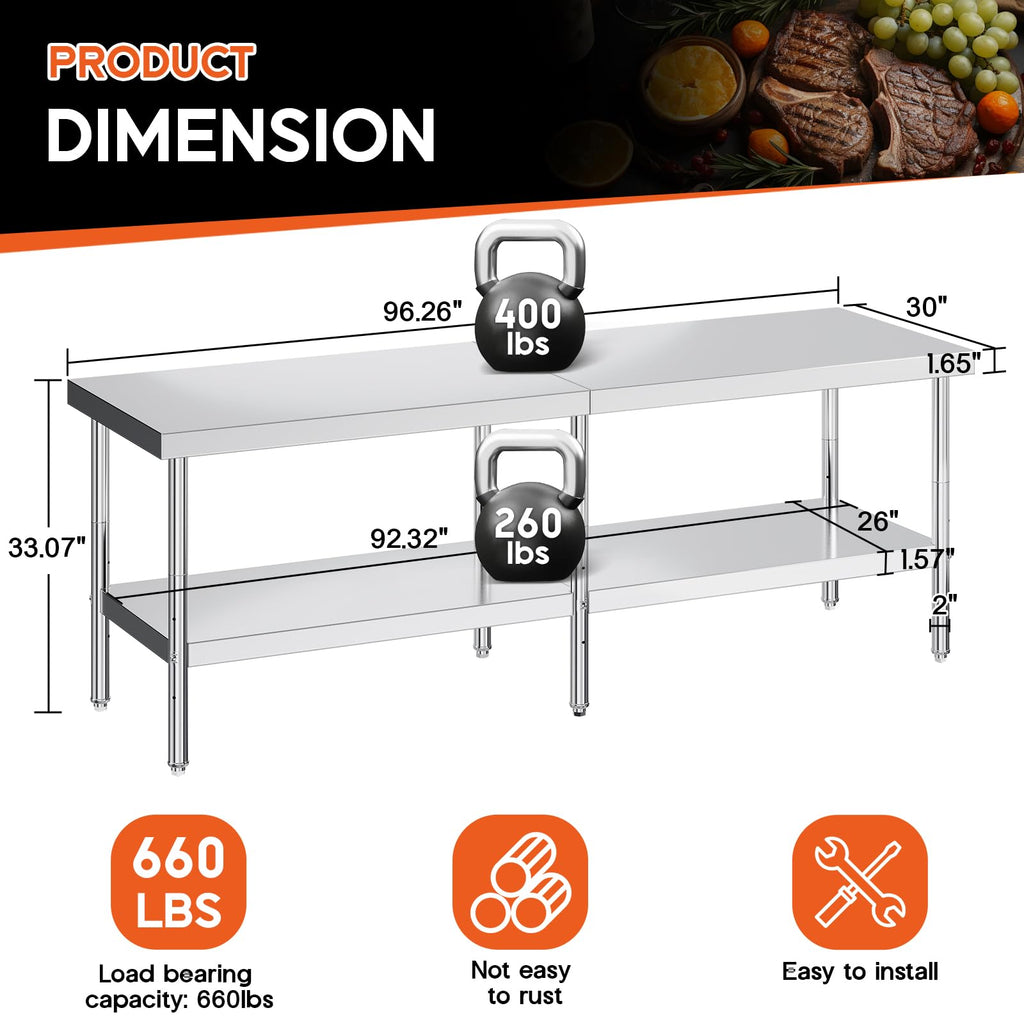 30 x 96 Inch Stainless Steel Prep & Work Table