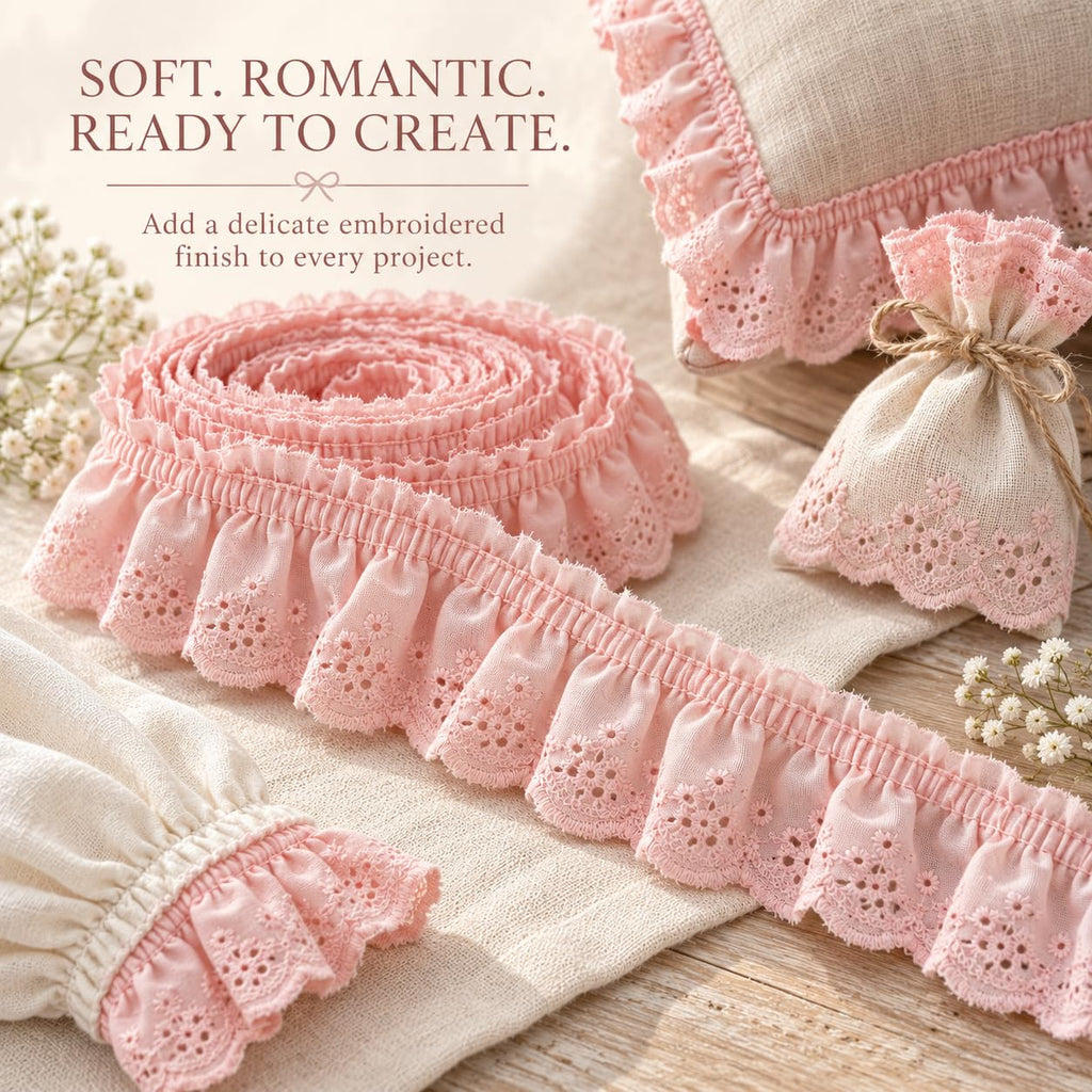 Cotton Eyelet Ruffle Trim 2''x 4 Yds for Sewing Pink