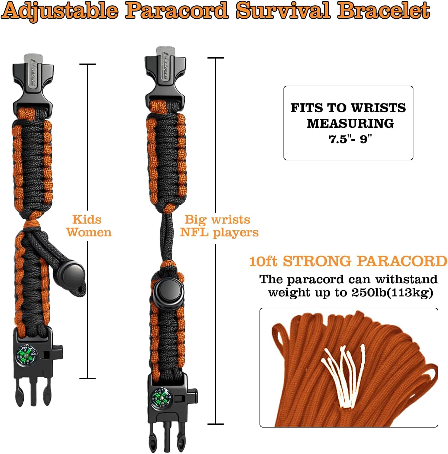 Paracord Survival Bracelet (3 Pack) - Adjustable with Fire Starter, Whistle, Compass - Survival Gear for Hiking
