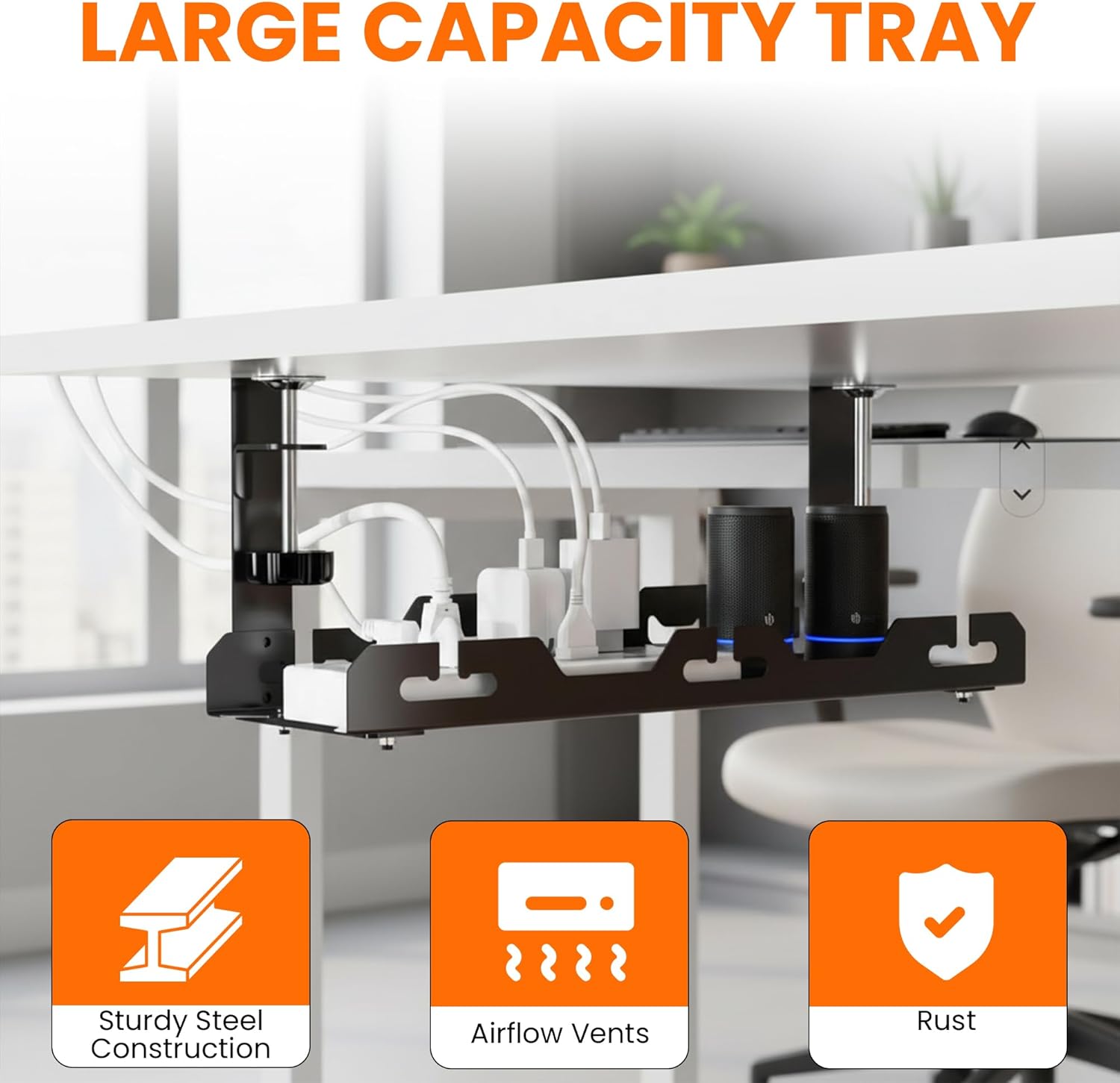 17'' Super Sturdy Cable Tray Under Desk Cord Organizer Standing Desk Cable Management System Large Power Strip Holder
