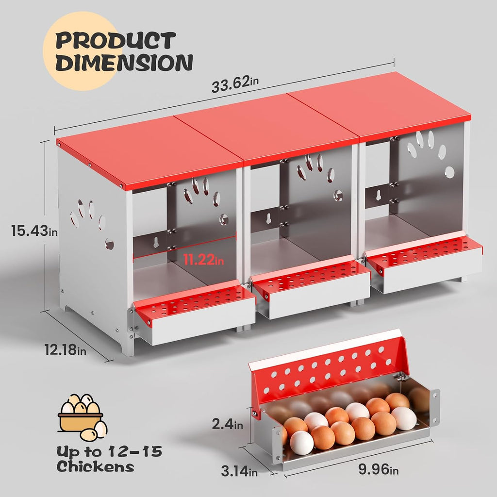 Chicken Nesting Boxes 3 Hole, Large Metal Hen Laying Box with Swing Perch