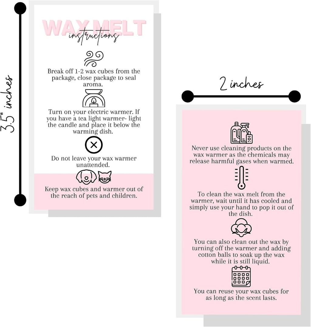 Wax Melt Care Instruction Cards | 50 Pack | 2x3.5” Business Card Wax Melt Supplies Homemade Customer thank you for