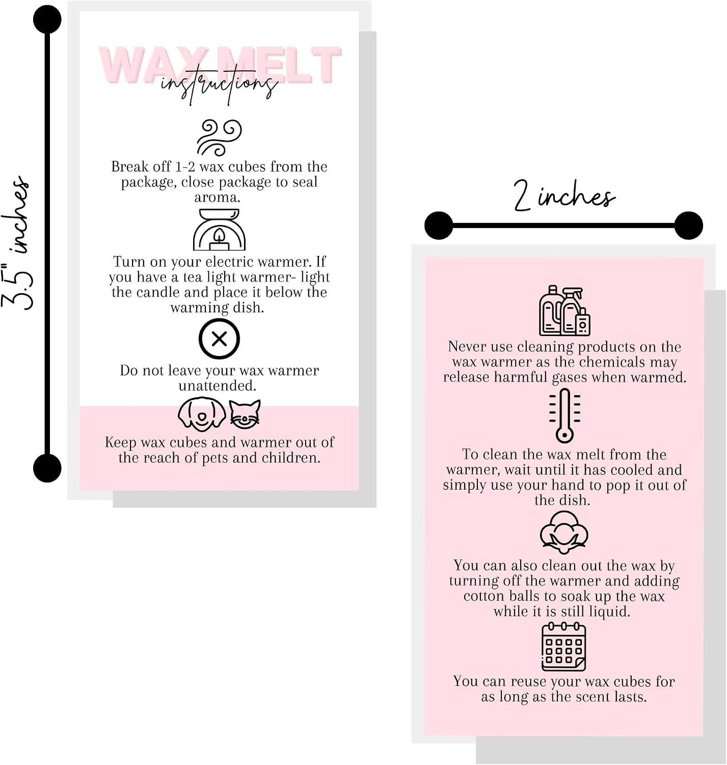 Wax Melt Care Instruction Cards | 50 Pack | 2x3.5” Business Card Wax Melt Supplies Homemade Customer thank you for