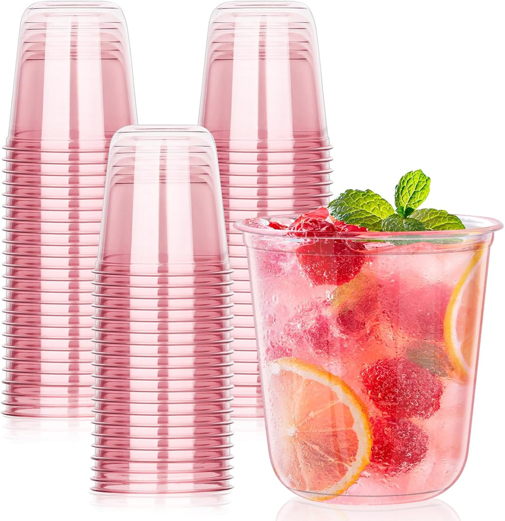 50Pcs 12oz Pink Plastic Party Cups, Disposable Wine Cocktail Cups
