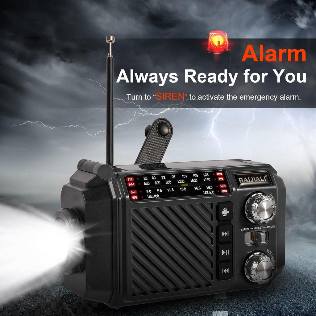 Hand Crank Emergency Weather Radio, NOAA AM FM Shortwave Portable Radio | Solar & USB-C Charging, Flashlight, SOS