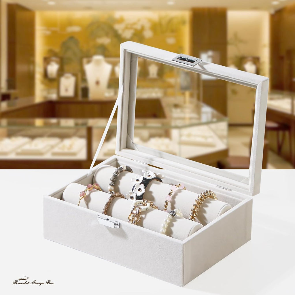 Bracelet Display Holder with Rods for Bangles Watches, Jewelry Organizer Box Storage Case with Clear Lid (Beige)
