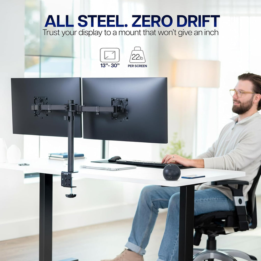 Dual Monitor Desk Mount, Holds 2 Computer Screens up to 30 inches and 22lbs Each, Heavy Duty Fully Adjustable Steel