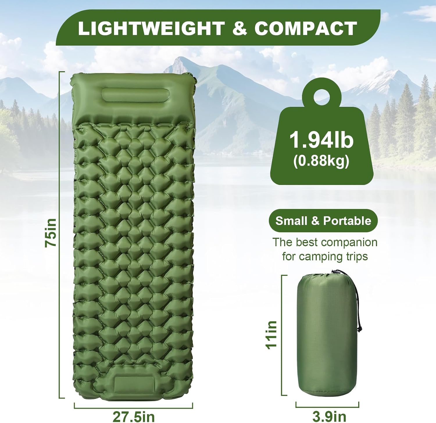 Sleeping Pad,Inflatable Camping Mattress with Pillow & Foot Pump | 40D Nylon Puncture-Proof, Quick Inflate/Deflate