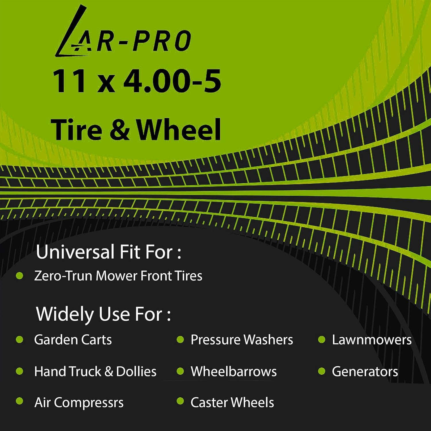 (2-Pack) 11x4.00-5 Flat Free Tire and Wheel, Universal 11x4-5 Solid Smooth Tractor Turf Tire with Rim, 3.4" Centered