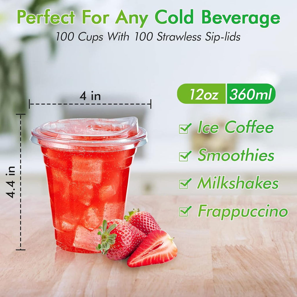 100 PACK 12 oz Clear Plastic Cups With Sip Lids, Strawless Lids