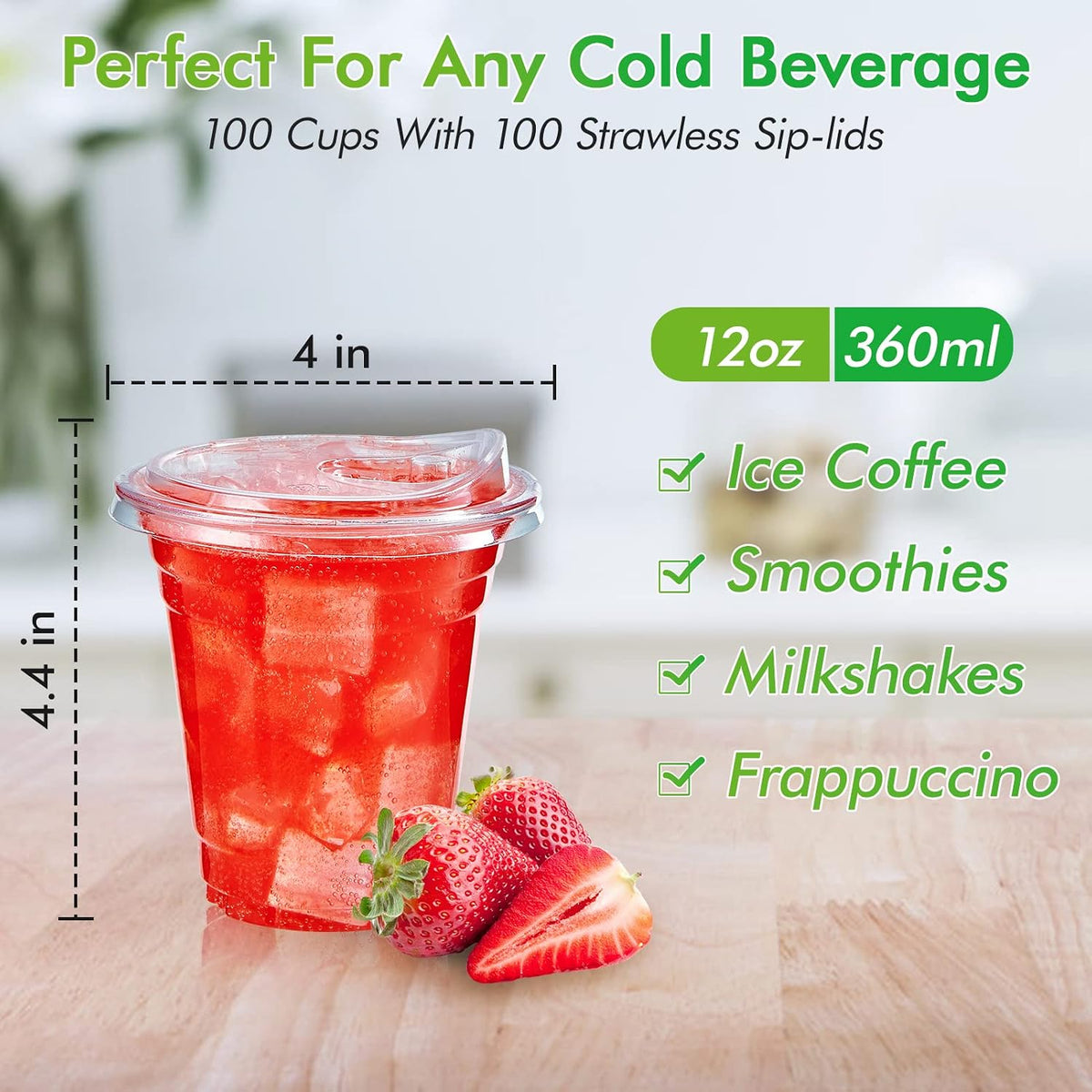 100 PACK 12 oz Clear Plastic Cups With Sip Lids, Strawless Lids