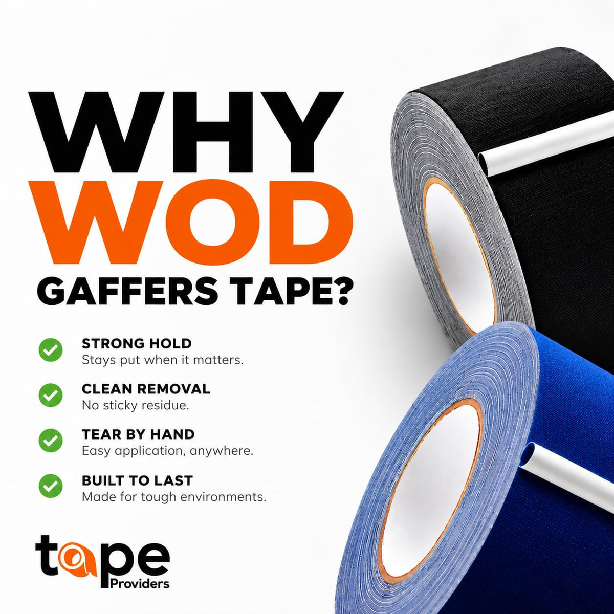 WOD Gaffer Tape, Black Low Gloss Finish Film, 1/2 inch x 60 ft. Residue Free, Non Reflective Cloth Fabric, Secure