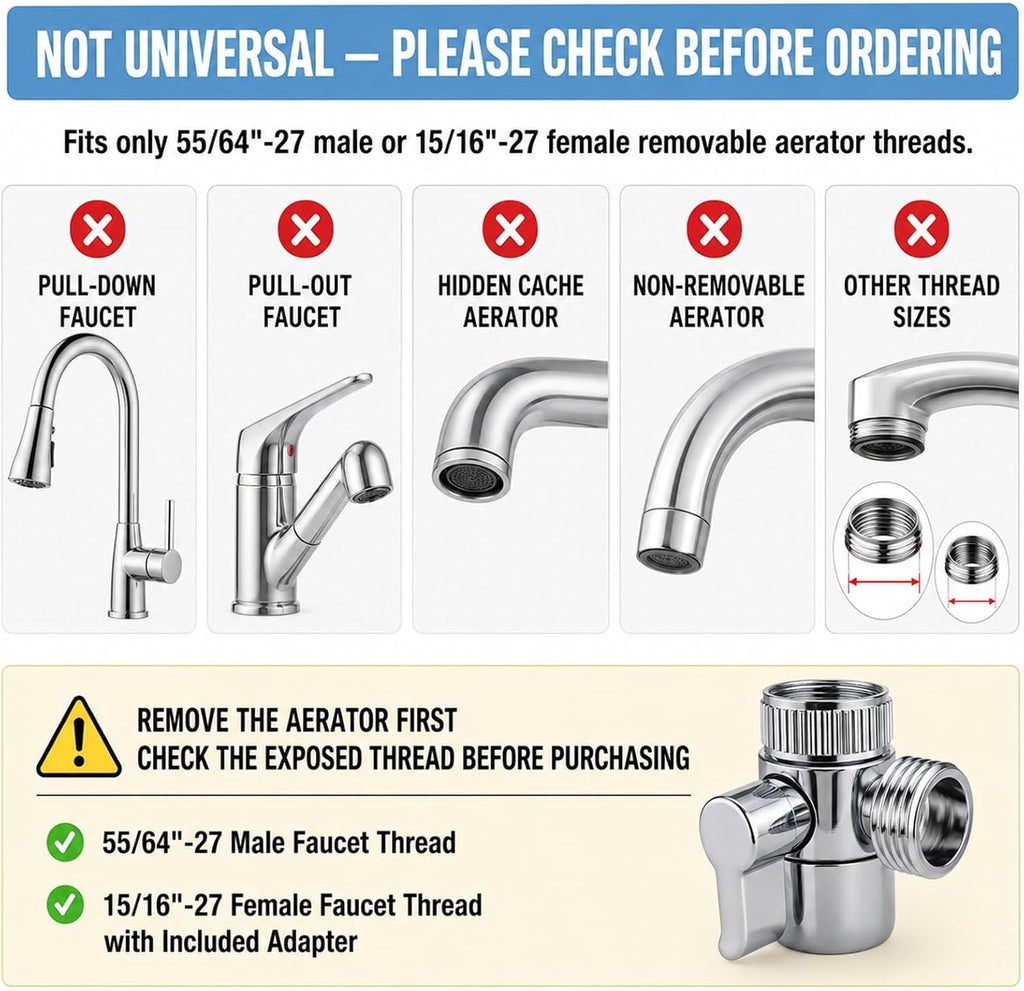 2 Pack Faucet Diverter Valve with Aerator, 55/64"-27 Female Inlet, 15/16"-27 Male Adapter, G1/2 and 3/4" GHT Adapters for Sink Faucet, Shower Hose and Portable Washer