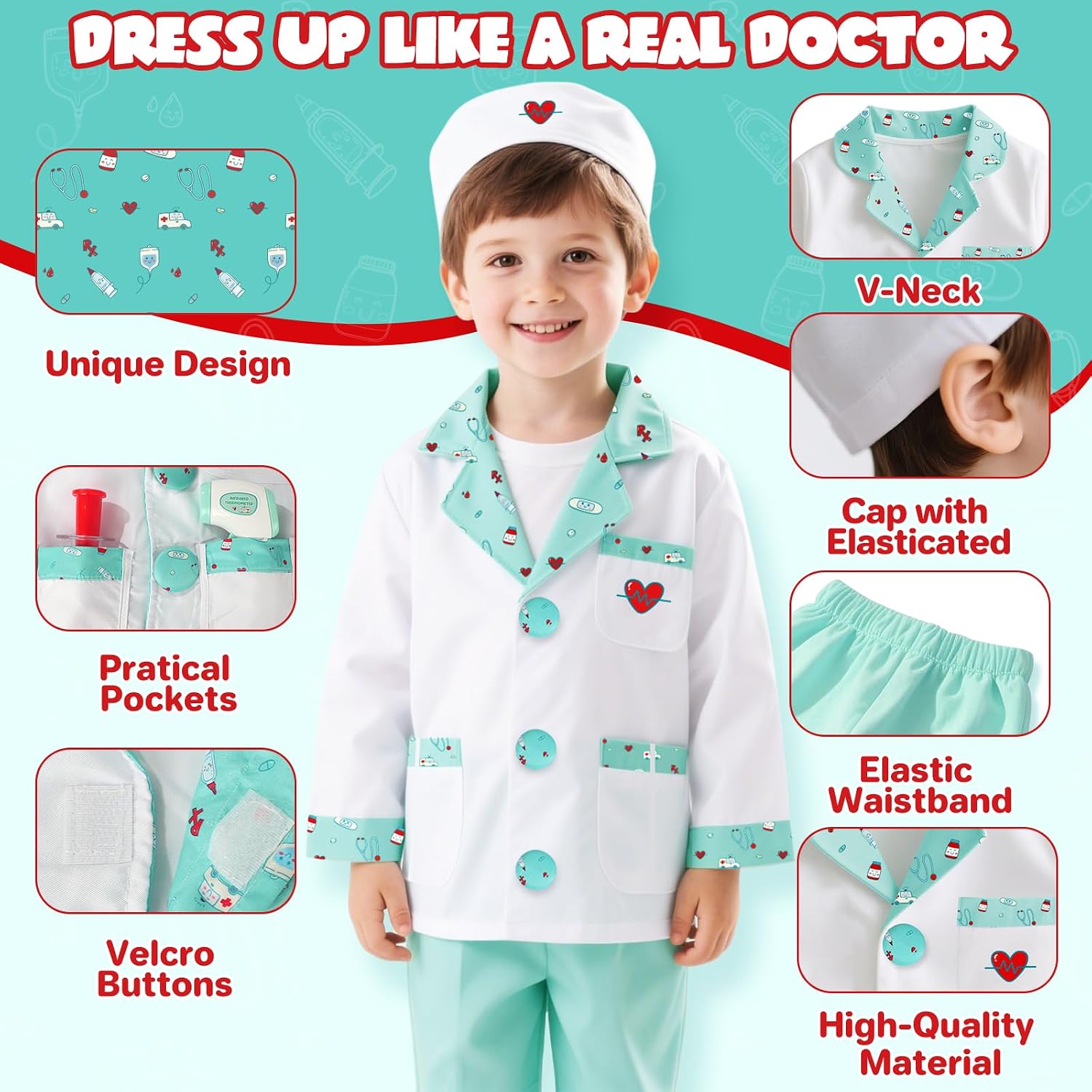 Doctor Costume for Kids, Doctor Dress Up and Play Set 8 PCS with Stethoscope, Role Play Costume for Toddlers 4-6