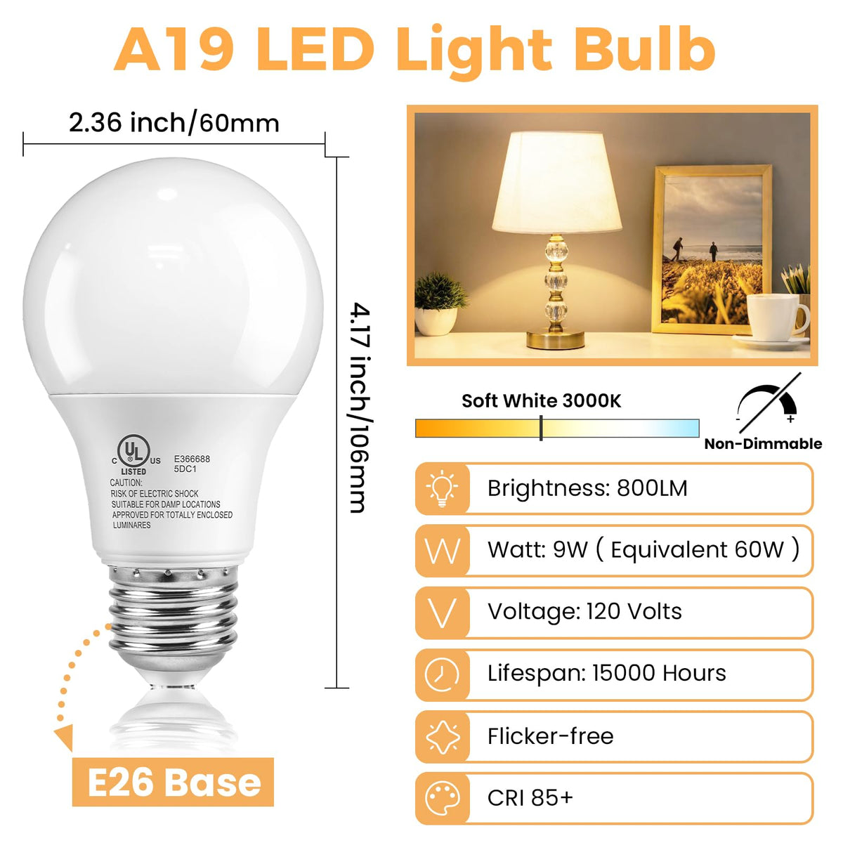 6 Pack A19 LED Light Bulbs, 60 Watt Equivalent, Soft Warm White 3000K