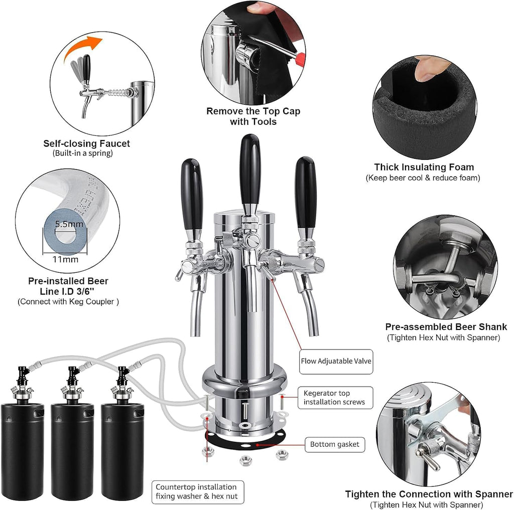 Adjustable Triple-Tap Kegerator Tower Beer Tap Tower