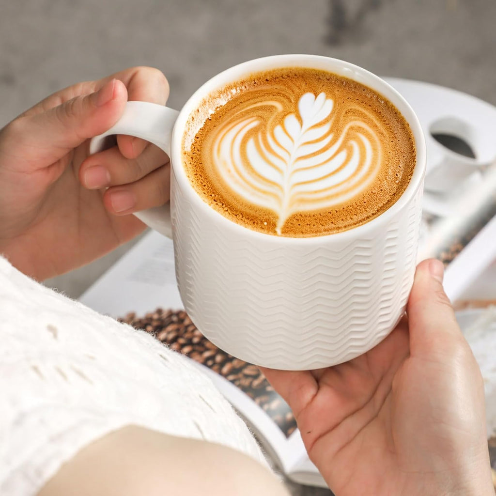Coffee Mugs with Metal Stand,15 oz Ceramic Stackable Mug Set Embossed Latte Cup, Ceramic Coffee Cups with Handle for