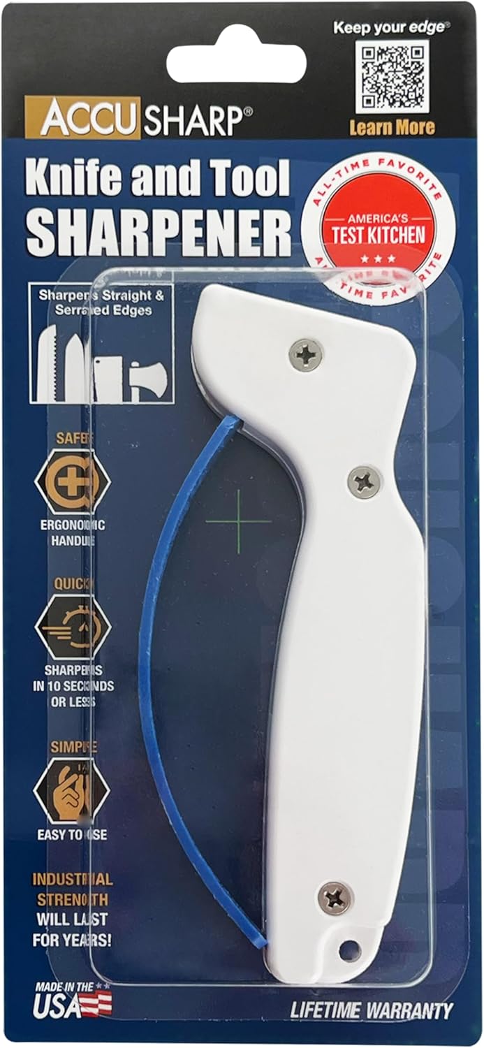 Knife Sharpener, Ergonomic Comfortable Handle, Compact & Easy to Use, Restore and Hone Straight & Serrated Knives, White