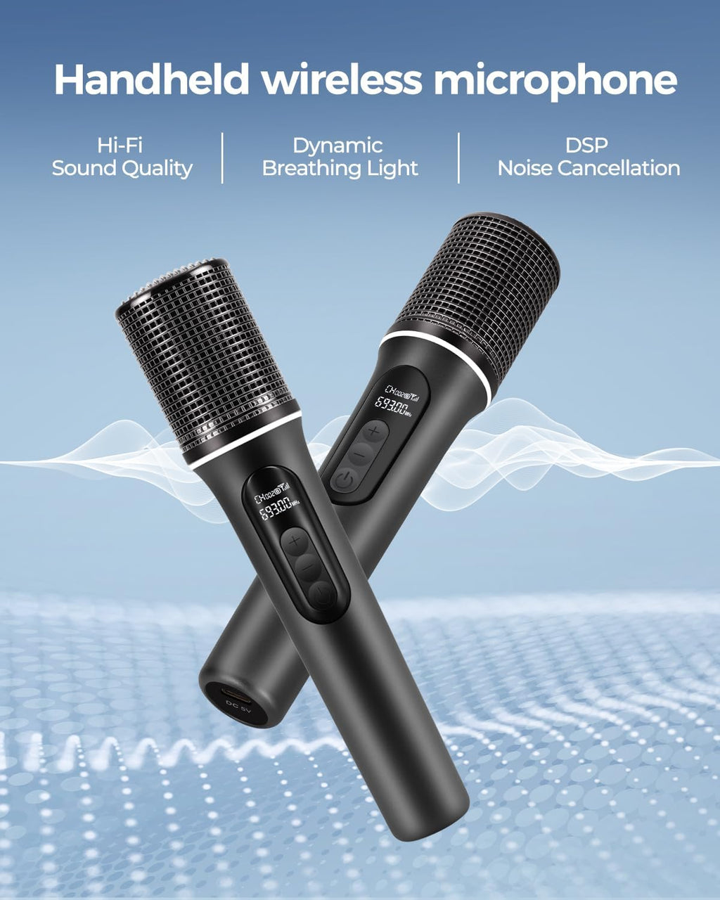 Wireless Microphones, 5-level Volume Adjustment, Dual Handheld Dynamic Mic with Dynamic Ambient Lighting,Ultra-Stable