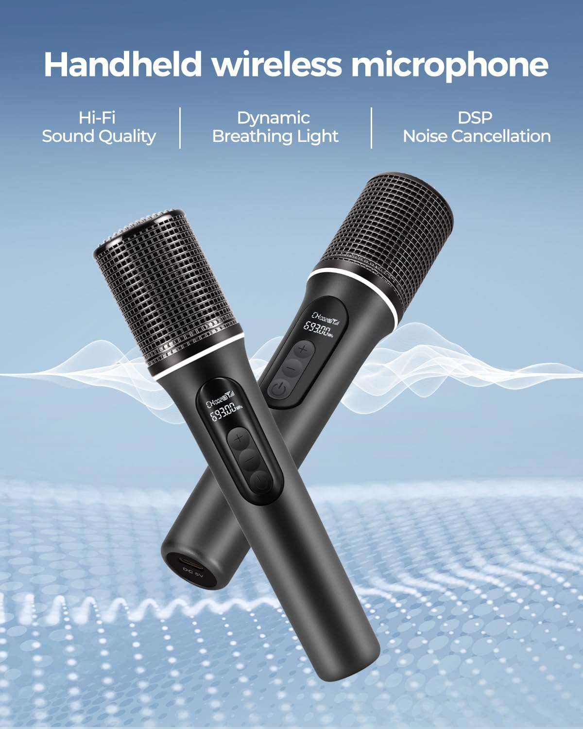 Wireless Microphones, 5-level Volume Adjustment, Dual Handheld Dynamic Mic with Dynamic Ambient Lighting,Ultra-Stable