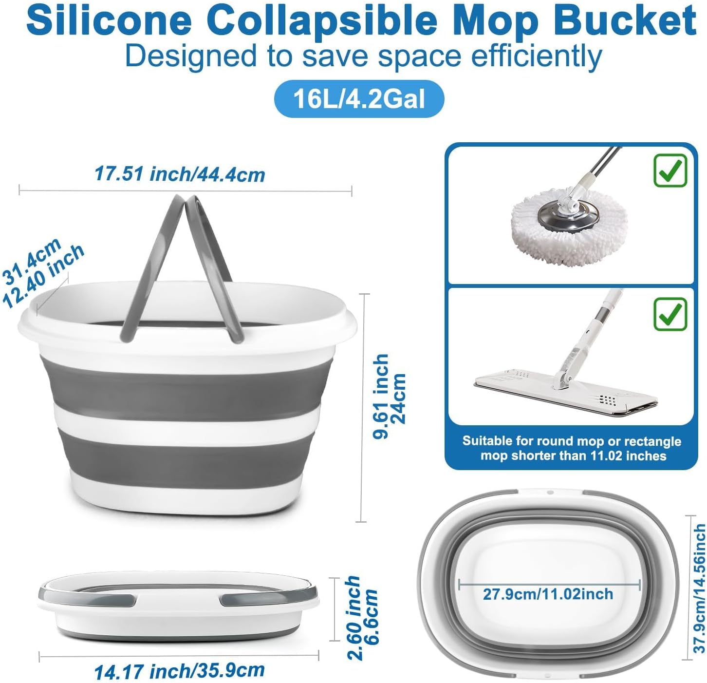 Collapsible Mop Bucket with Handle for Cleaning, 16L(4.2 Gallon) Silicone Square Mopping Bucket for Windows Cleaning