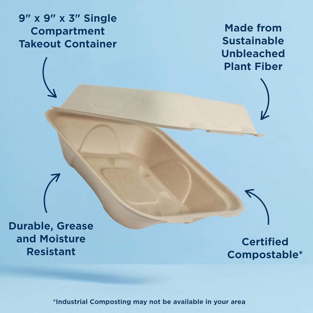 Compostable Clamshell Containers, 9x9x3 (Pack of 100)