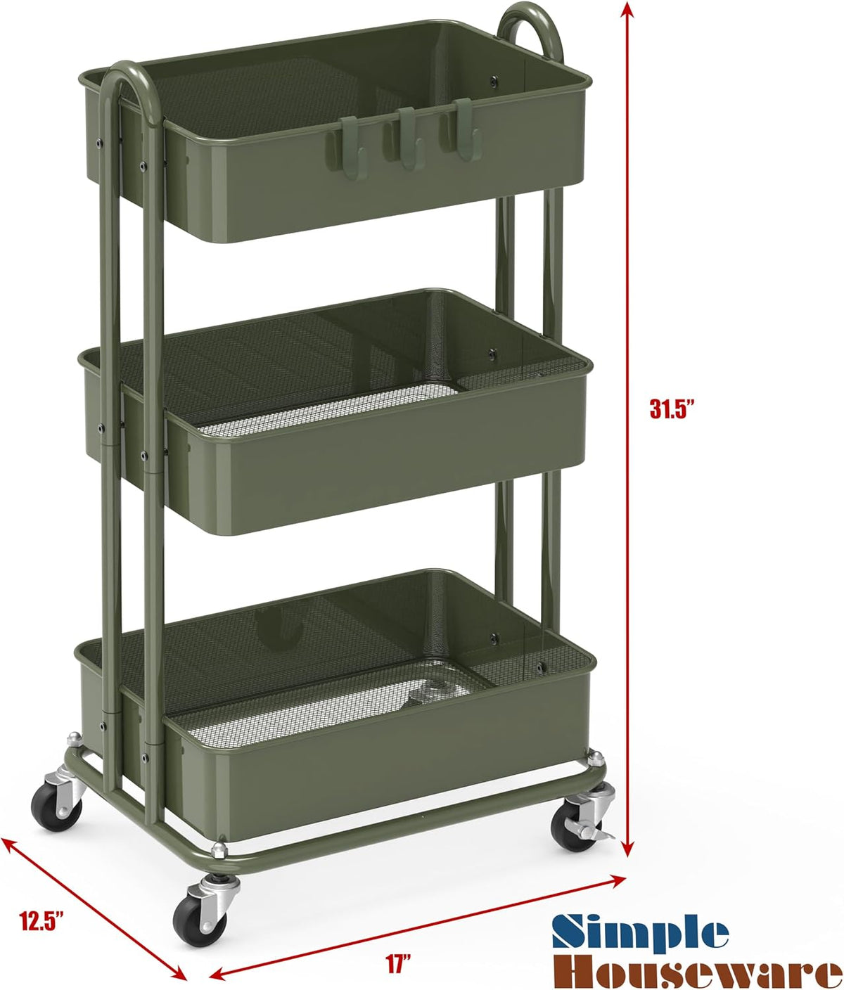 3-Tier Heavy Duty Metal Utility Rolling Cart, Army Green