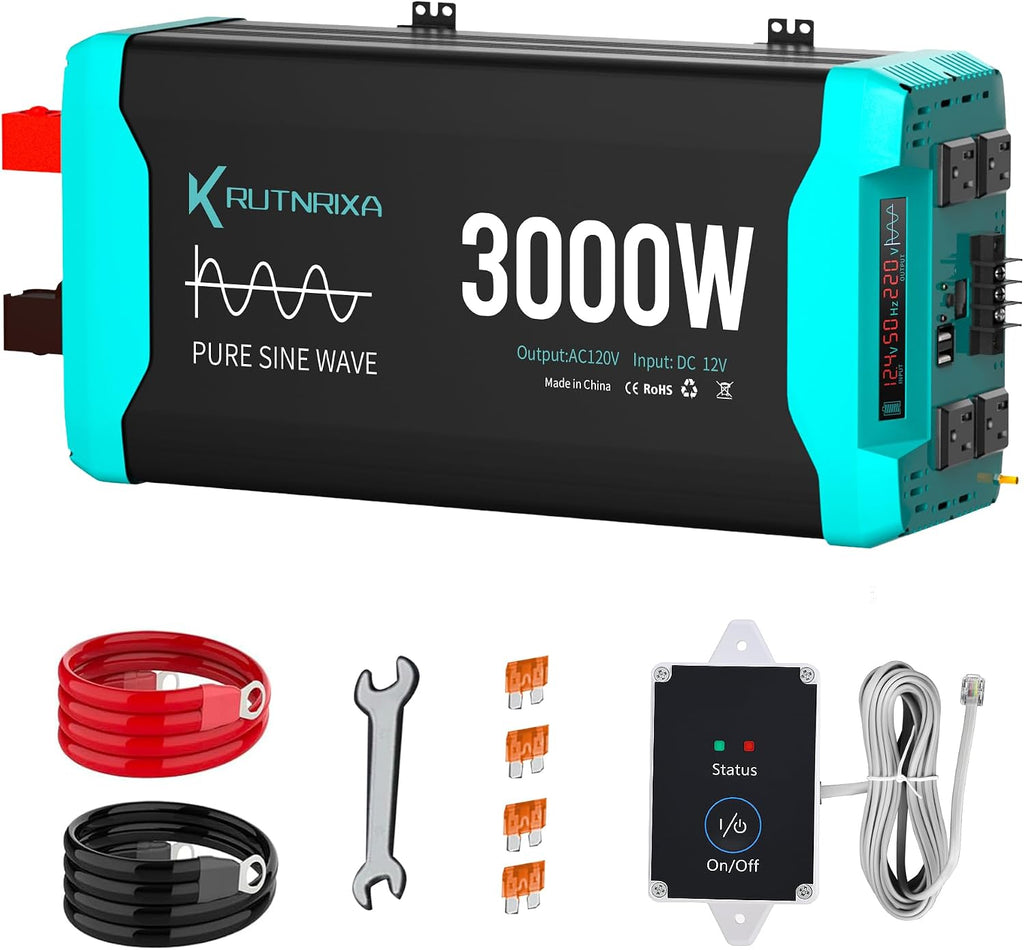 3000W Pure Sine Wave Inverter Peak 6000w 12V DC to 120V AC for RV, Truck, Off-Grid, Home, Solar Car Power Inverter