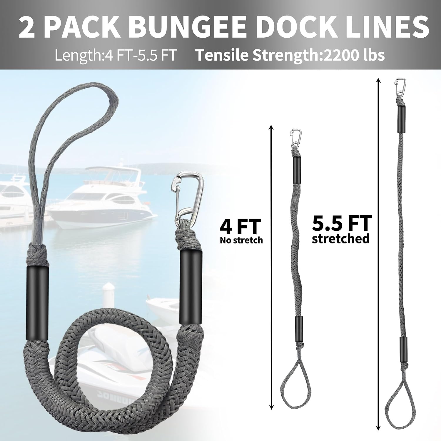Bungee Dock Line with Stainless Steel Clip – Boat Dock Rope with Foam Float for Kayak, Canoe, Pontoon, Watercraft