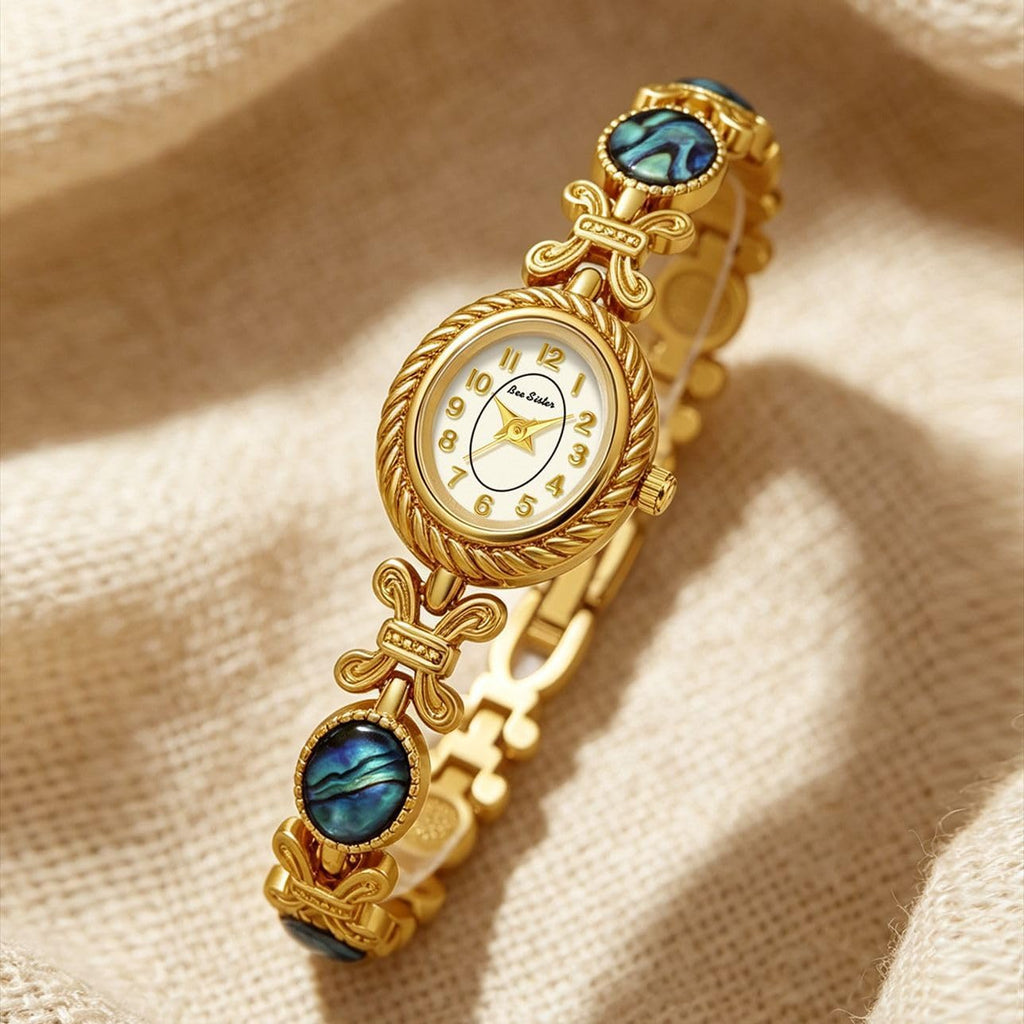Women’s Bracelet Watch Gold Tone Small Oval Bangle Quartz Watches | Jewelry Band, Abalone Shell Accent Slim Dress